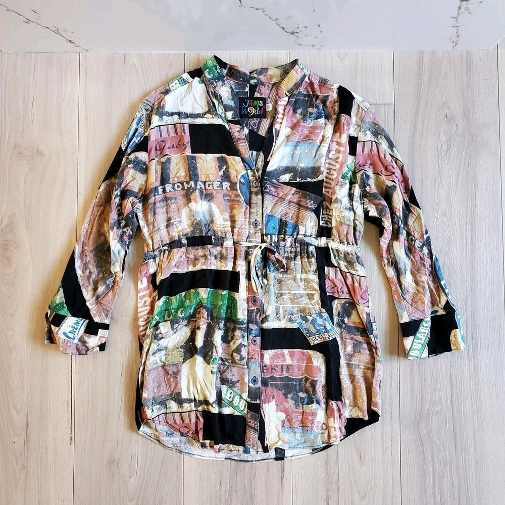 Jams World Blouse Womens XS Multicolor Graphic Butcher Baker Rayon Vtg Tunic Top
